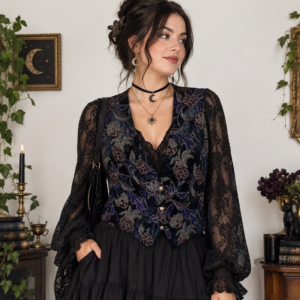 Vintage Joanna Floral Velvet Vest Dark Academia Vampy Whimsigoth Steampunk Sz 8